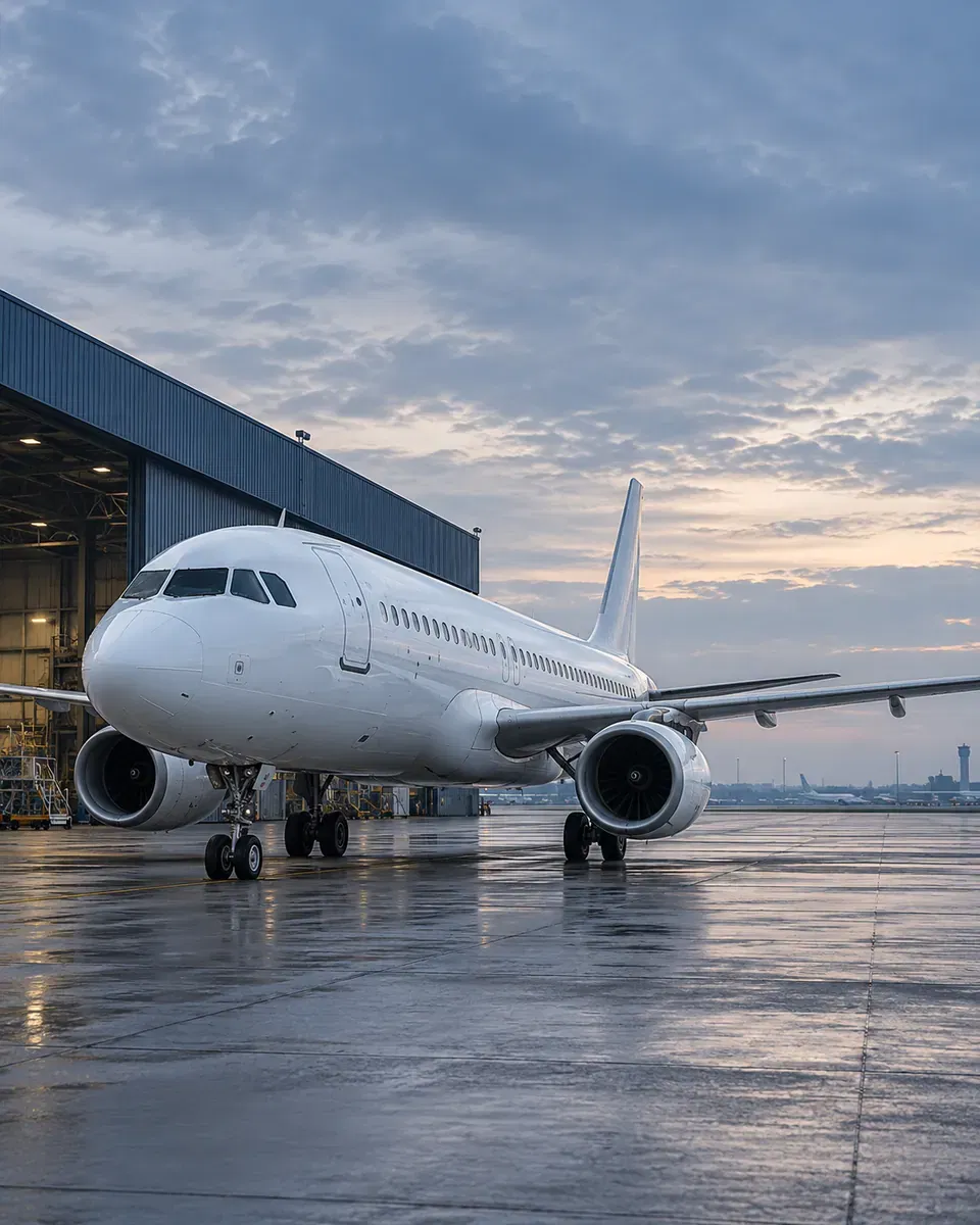 Illustration of a passenger aircraft parked on an airport apron beside a maintenance hangar